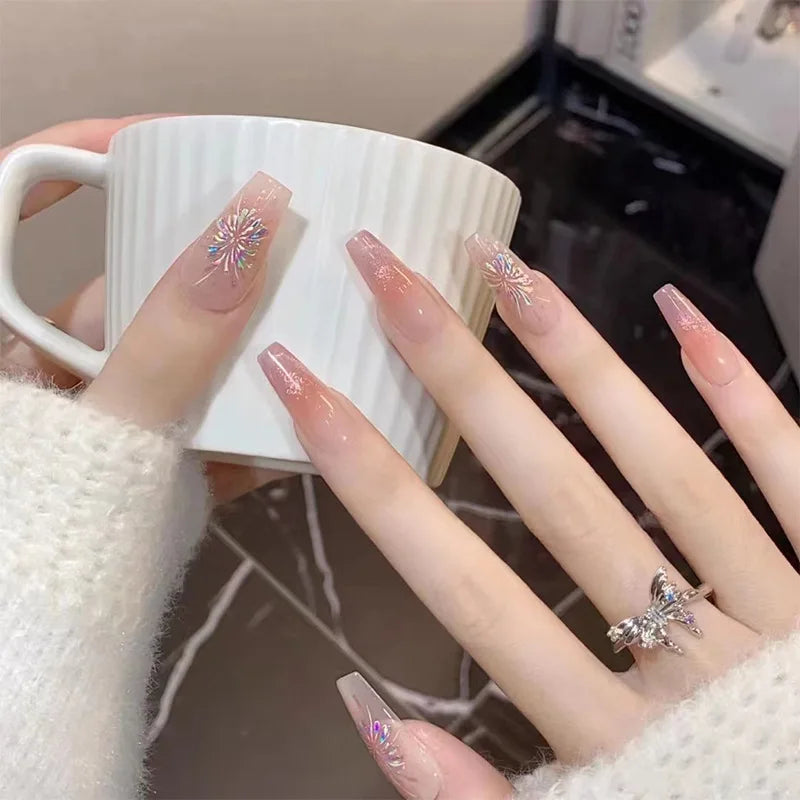 maoxiangshop 24pcs Wearable Pink Press On Fake Nails Tips With Glue false nails design Butterfly Lovely Girl false nails With Wearing Tools