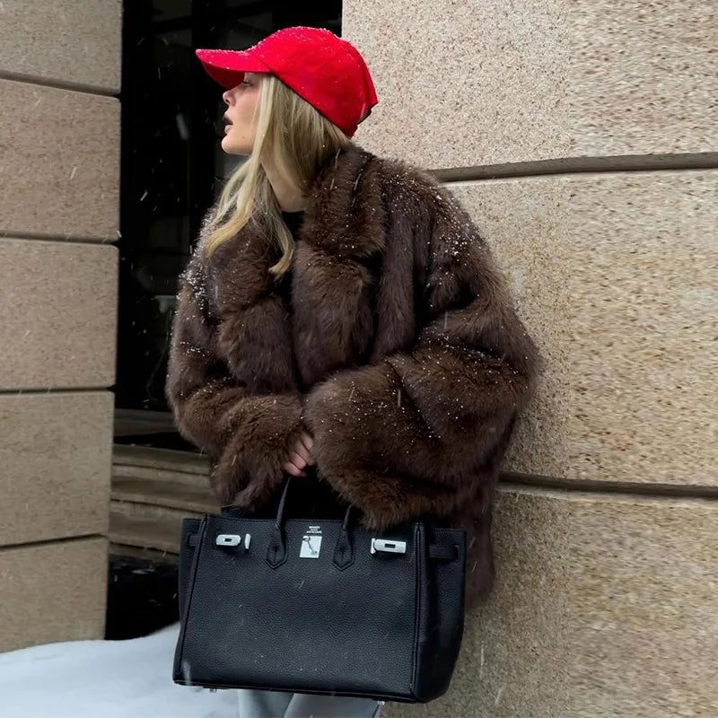 maoxiangshop - Solid Faux Fur Women Overcoat Lapel Thicken Warm Lady Jacket 2024 Fashion Elegant Autumn Winter All Match Loose Female Coat