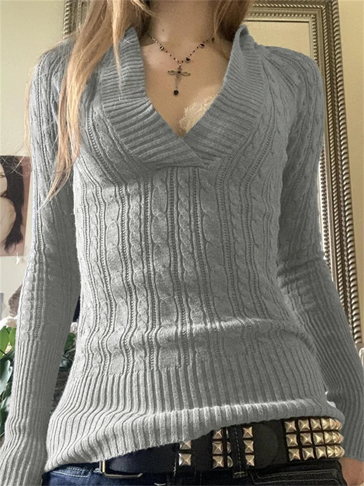 maoxiangshop - Twisted Flower Woven Hooded Sweater Women V-Neck Long Sleeve Solid Color Slim Casual Sweatshirt Autumn/Winter Streetwear