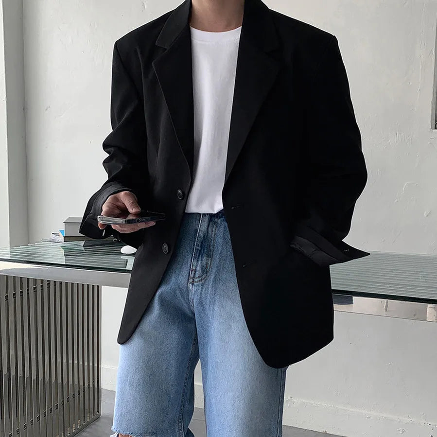 maoxiangshop Men's Suit Jacket, Japanese and Korean Style High Sense Spring Trend Casual Small Suit Black Over Size Jacket