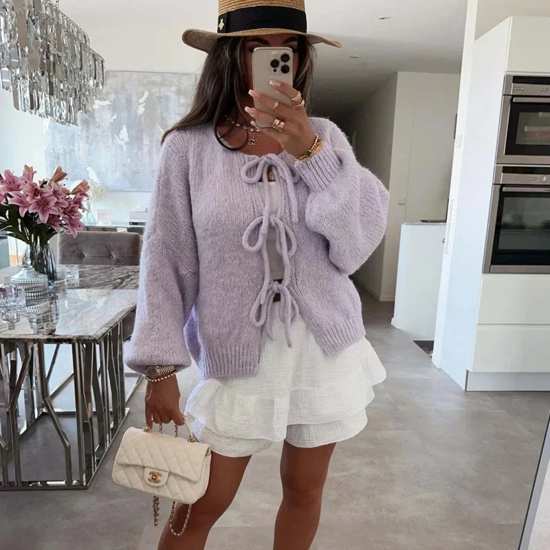 maoxiangshop - Fashion Lace Up Bow Knitted Cardigan Woman O Neck Long Sleeve Hollow Out Sweater Coat Autumn Female Casual High Street Knitwear