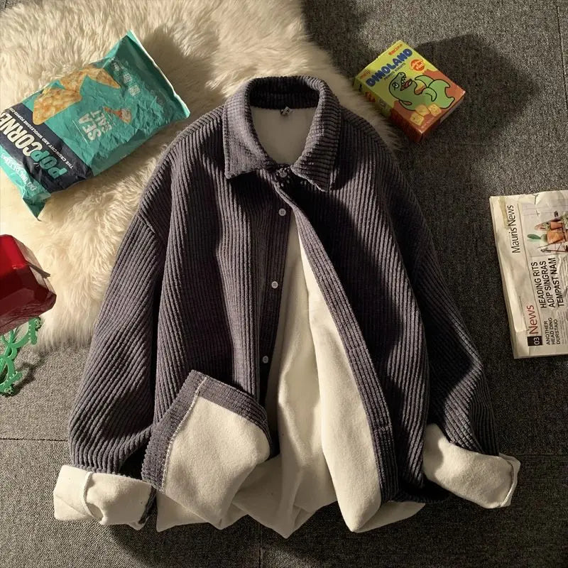 maoxiangshop Autumn and Winter Fashion Casual Loose Oversize Lapel Waffle Long Sleeved Solid Color Plush Thickened Men's Shirt Jacket