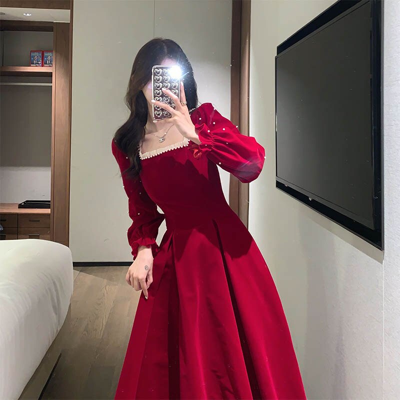 maoxiangshop Red France Vintage Dresses Women Winter Elegant Evening Party Midi Dresses New Year Casual Designer Korean One-Piece Dress Christmas