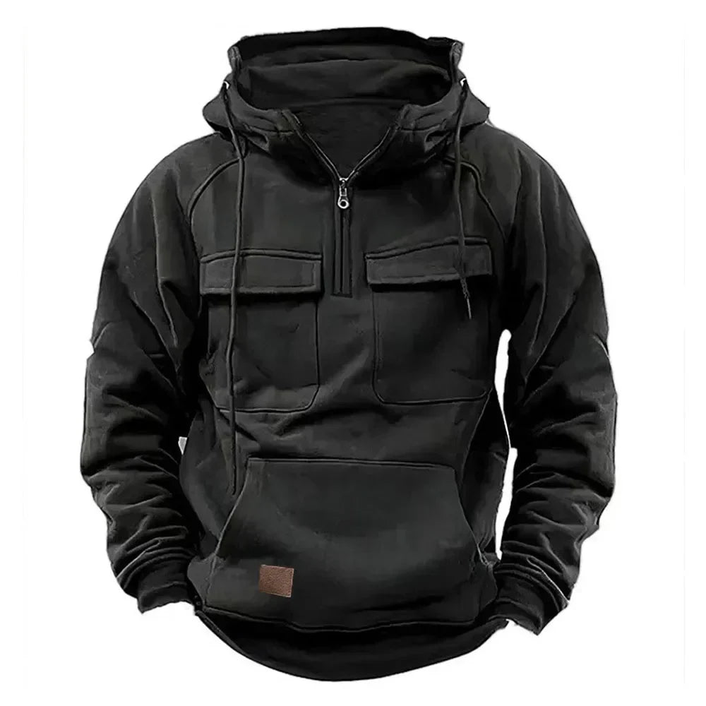 maoxiangshop Half Zipper Men's Hoodies Solid Warm Fleece Sweatshirts Multi Pockets Male Hooded Jackets Thick Outdoor Polar