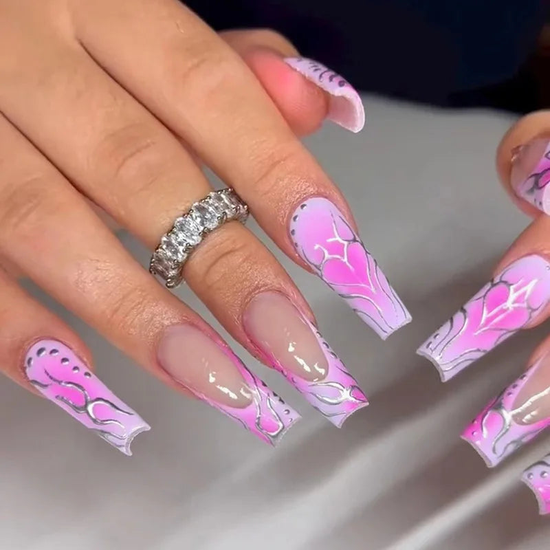 maoxiangshop 24Pcs Long Ballet False Nails Long French Fake Nails with Heart Designs Wearable Coffin Press on Nails Full Cover Nail Tips