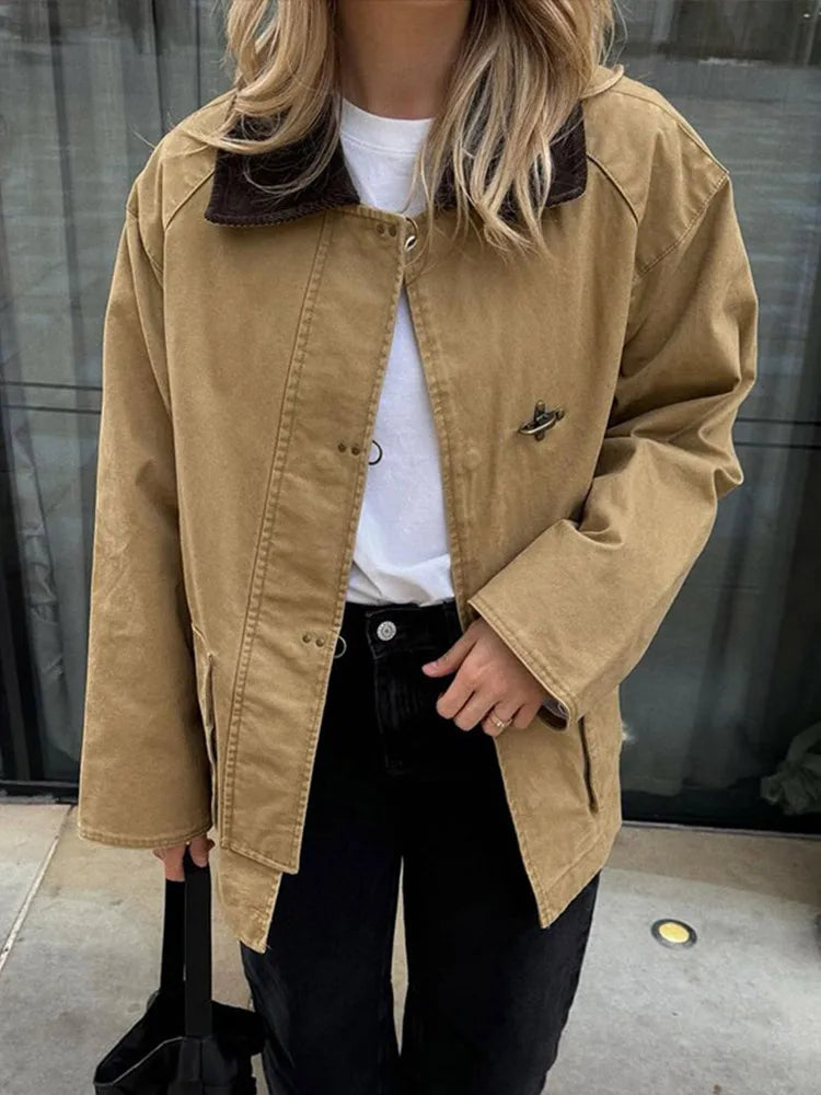 maoxiangshop - Retro Panelled Single-Breasted Jackets Women Casual Turn-down Collar Long Sleeved Jacket Female Autumn Fashionable Outwears Tops
