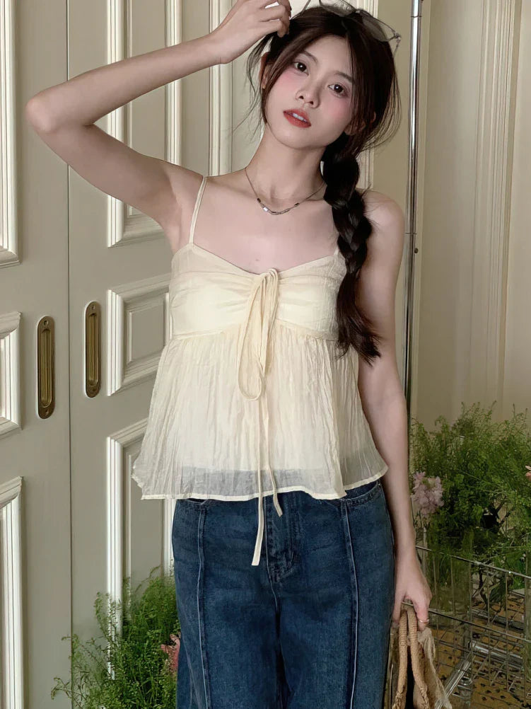 maoxiangshop-Korean Sweet Cami Top Bowknot Lace-Up Sleeveless T-Shirt Elegant Youth Clothes Women Fashion Off Shoulder