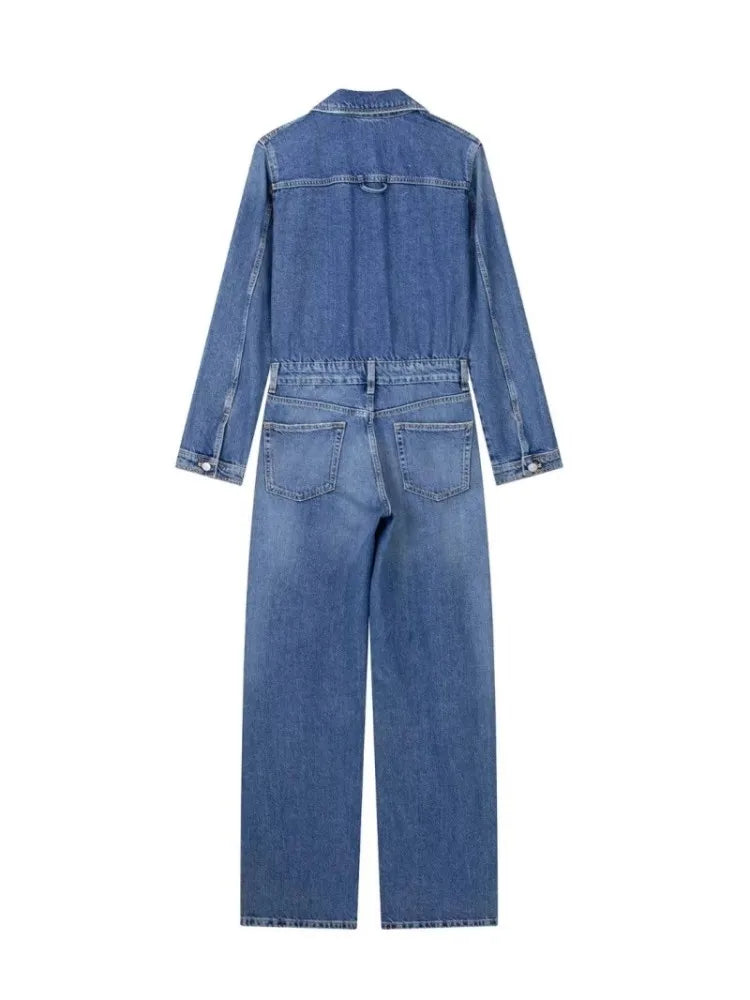 maoxiangshop - European And American Style Blue Denim High Waisted Jumpsuit Women'S Spring And Autumn Collar Casual Fashion Pants Straight Leg