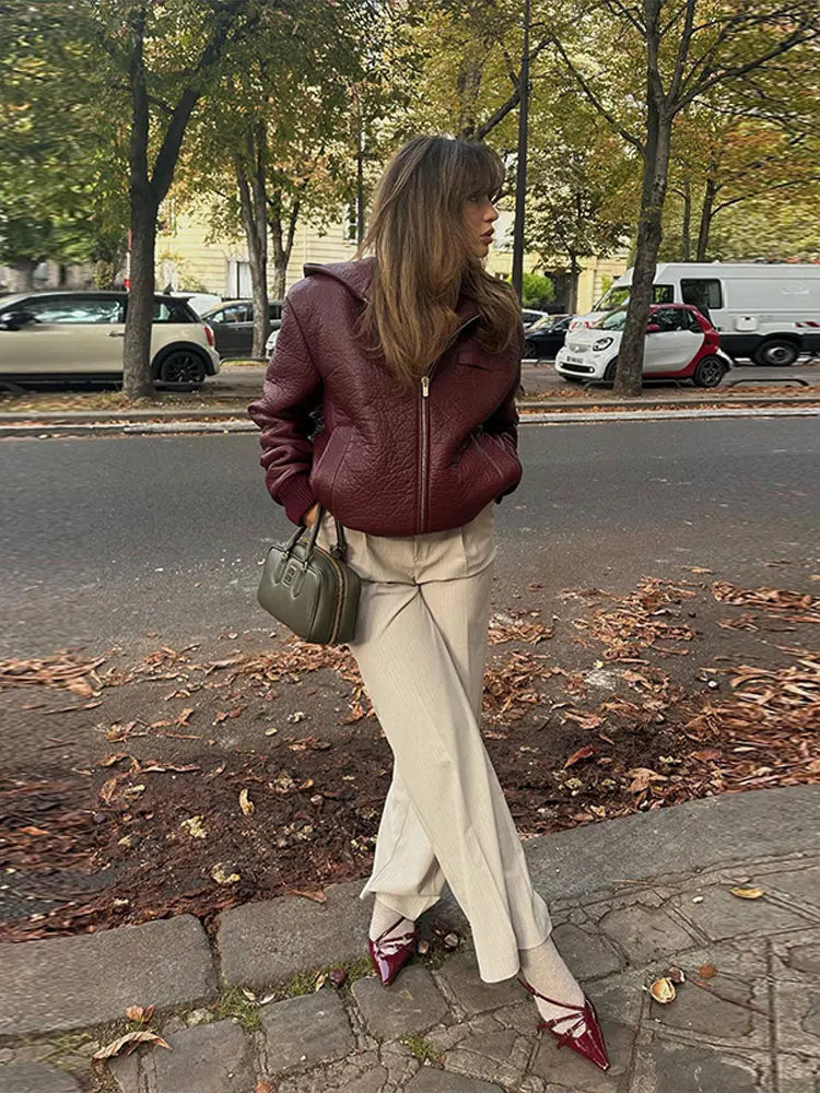 maoxiangshop - Women Red Pu Leather Hooded Cropped Coats Autumn Lapel Loose Long Sleeve Zipper Jacket Winter Fashion Vintage Warm Streetwear
