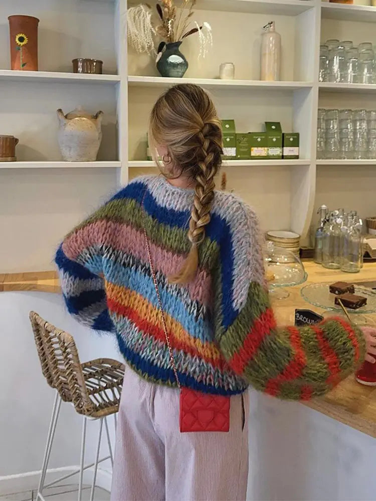 maoxiangshop - Casual Knitted Colorful Stripes Sweater Women Fashion O Neck Puff Long Sleeves Short Pullover Autumn Lady High Street Jumper