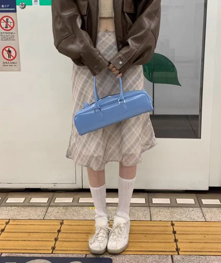 Summer Vintage Midi Plaid Striped Print Skirts Women Sweet Loose Pleated Ladies Skirt High Waist Korean Style Woman Skirts