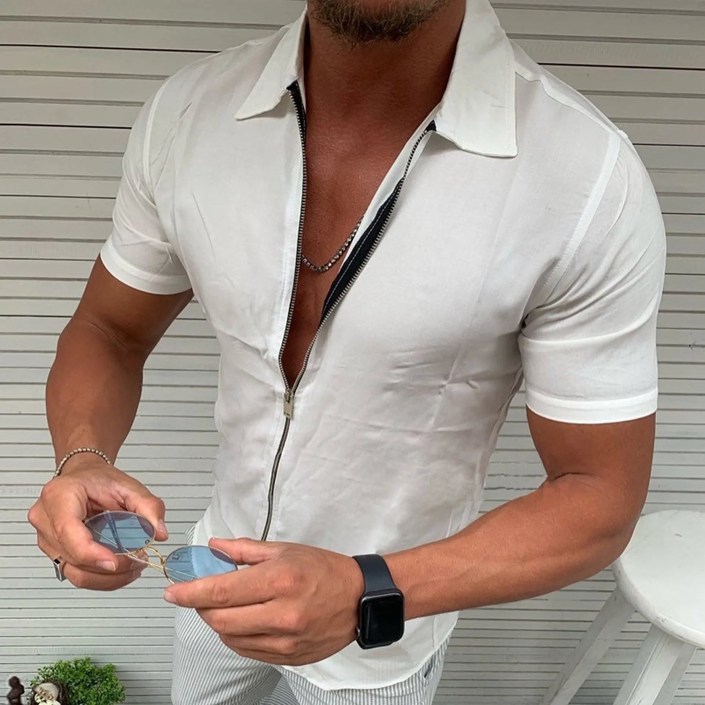 maoxiangshop Men's Light Business Office Casual Zipper Short Sleeve Shirt Slim Fit Solid Color Lapel Cardigan Fashion Tops