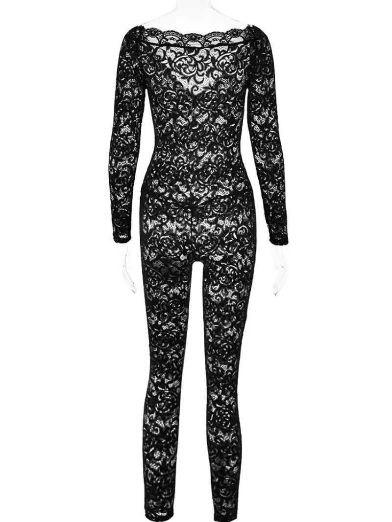 maoxiangshop Sexy Deep V-neck See Through Lace Jumpsuits Women's 2024 Long Sleeve Hollow Out Black Bodysuit Night Club Outfits Streetwear