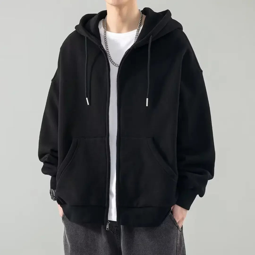 maoxiangshop American Heavyweight Basic Solid Color Cardigan Sweatshirt Men's Tide Loose Large Size Men's Hooded Sweatshirt Jacket 5xl