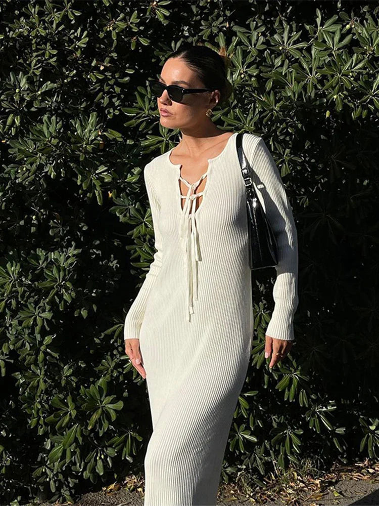 maoxiangshop - Women Sexy Lace Up Long Knit Dresses Trend Solid Hollow Out Bodycon Sweater Dress Autumn Winter Ladies Chic Knitted Clothes