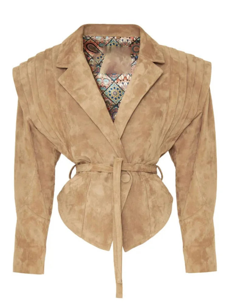maoxiangshop - Fashion Solid Lapel Motorcycle Jackets With Belt Women Casual Long Sleeve Button Coats 2024 Winter Lady High Street Outercoat