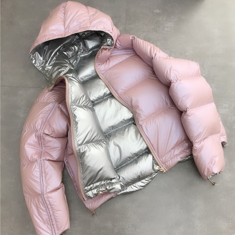 maoxiangshop Gold Silver Double Side Down Coat Winter Jacket Women Big Aritificial Fur White Duck Down Parkas Female Down Outerwear
