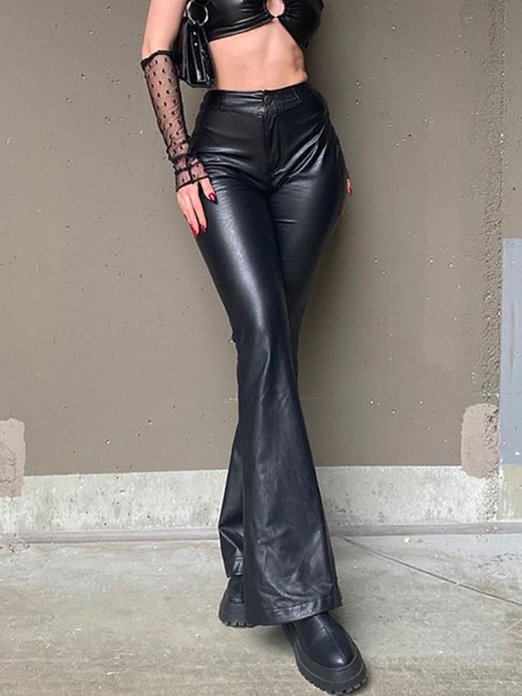 maoxiangshopOutfits For Women PU Leather High Waist Flare Pants Club Party Elastic Trousers Pant Gothic Chic Clothes Legging Fashion