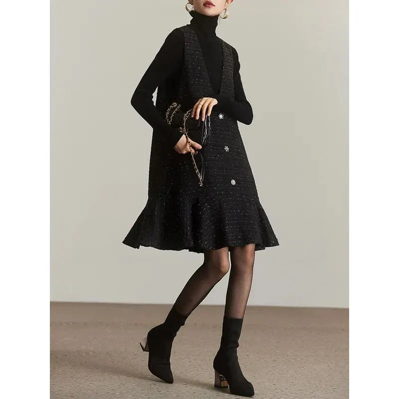 Vintage Tweed Mini Dress Women Elegant Ruffles V Neck One Pieces Dresses Winter Black Sundress Korean Sleeveless Vestidos