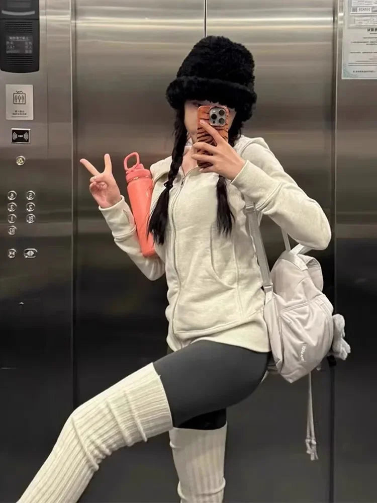 maoxiangshop American Vintage Cropped Hoodies Women Korean Style Streetwear Grey Zip Up Hooded Sweatshirt Casual Y2k Slim Hood Shirt