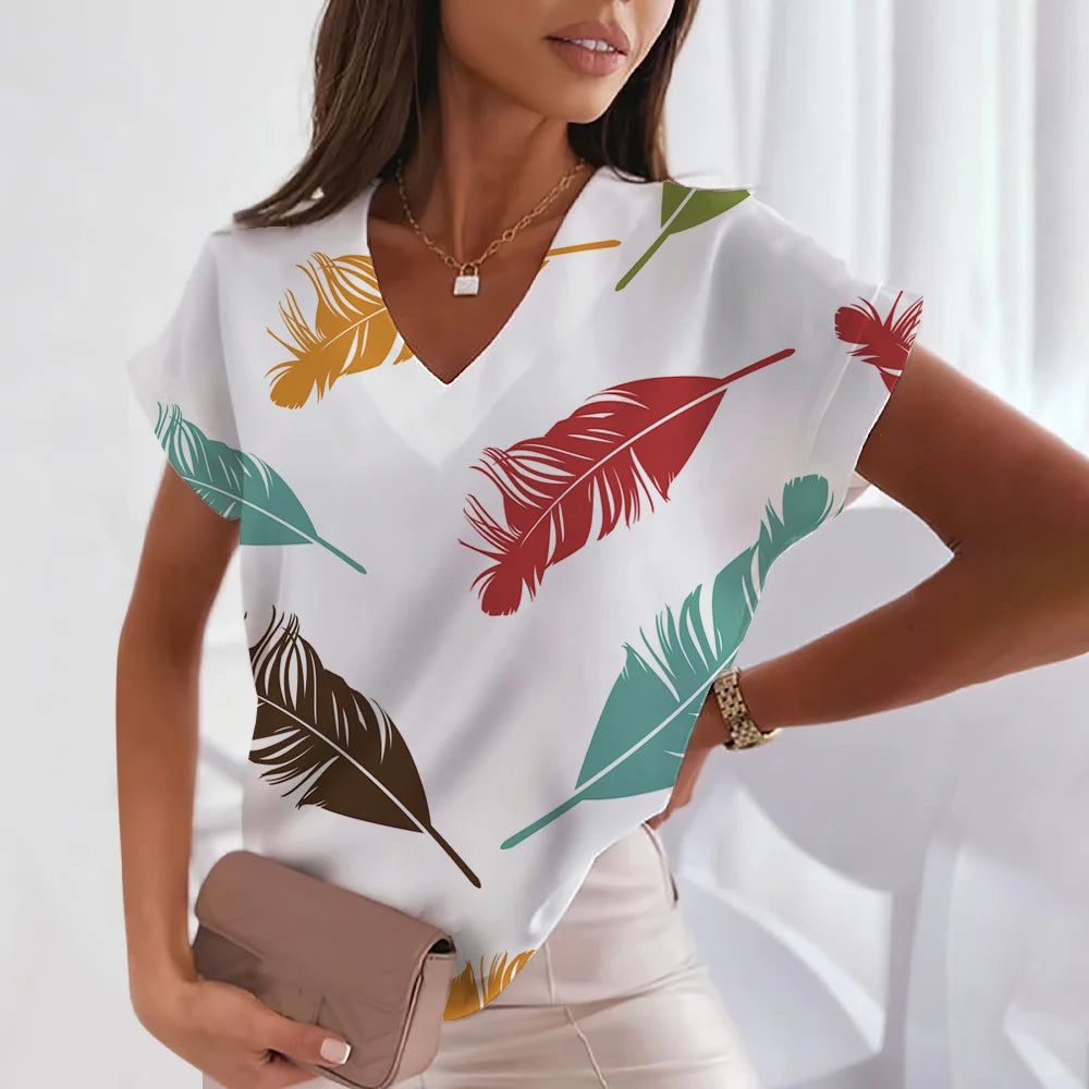 maoxiangshop-3d Women's T-shirts V Neck Summer Short Sleeve Tops Tees Feather Graphics Ladies Clothes Oversized Female Fashion Y2k Streetwear
