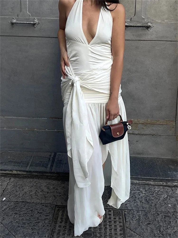 maoxiangshop - V-Neck Backless Lace-Up Long Dress Women's Ruffled Patchwork Sexy Bandage High Waist Solid Dress Ladies Autumn Maxi Dress