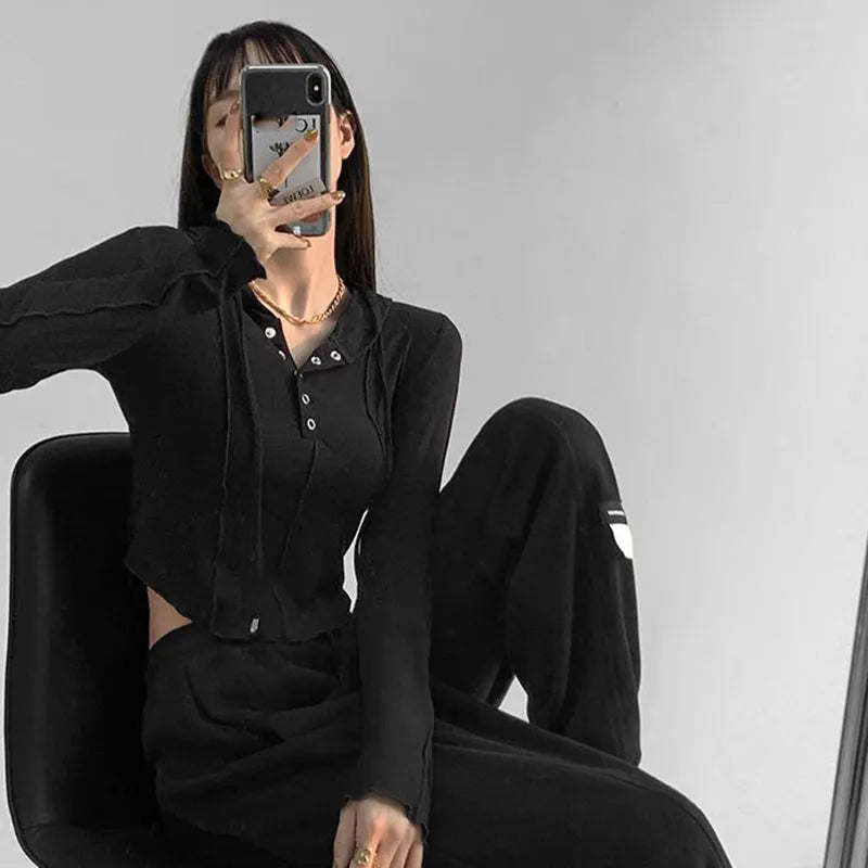 maoxiangshop Hooded Button Up Crop Top Women Autumn Winter Slim Fit Long Sleeve Y2K Top Woman Streetwear Wild Elastic T-Shirt Female