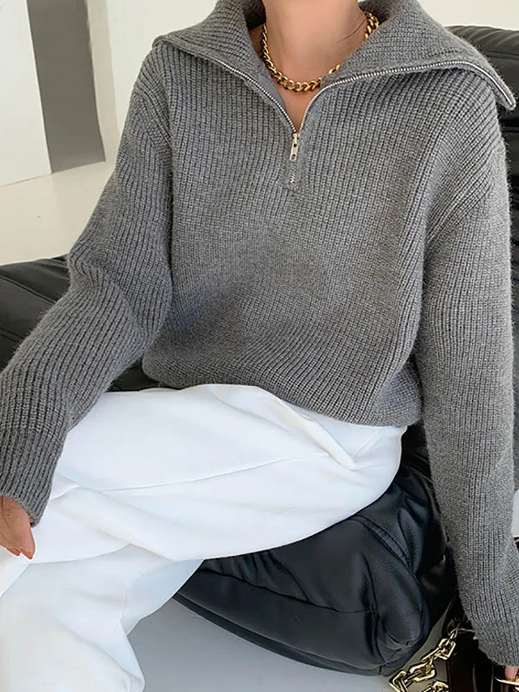 maoxiangshopKnitted Zippers Sweater Women LOOSE Solid Warm Fashion Women Sweaters New Long Sleeved Top Oversized Women's Sweaters
