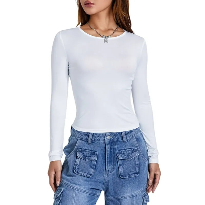 maoxiangshopWomen Autumn Slim Cropped Tops Solid Color Round Neck Long Sleeve Show Navel TShirt