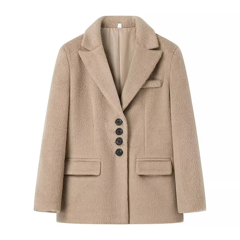 maoxiangshop - New Women's Collar Plush Jacket Elegant Loose Chic Coat Winter Thicken Fashion Office Ladies Warm Button Plush Jacket