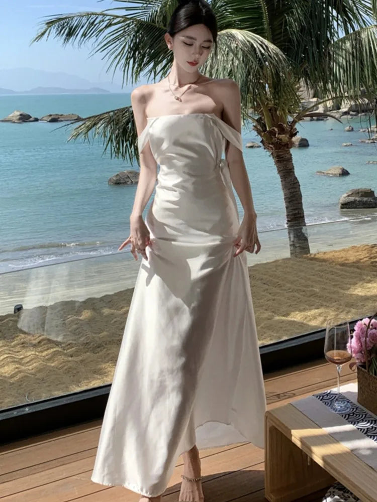 maoxiangshop - Sexy Backless Maxi Dress Women Camisole Lace Up Satin Vestidos Holiday Birthday Party Evening Gown Female Dresses Spring Autumn
