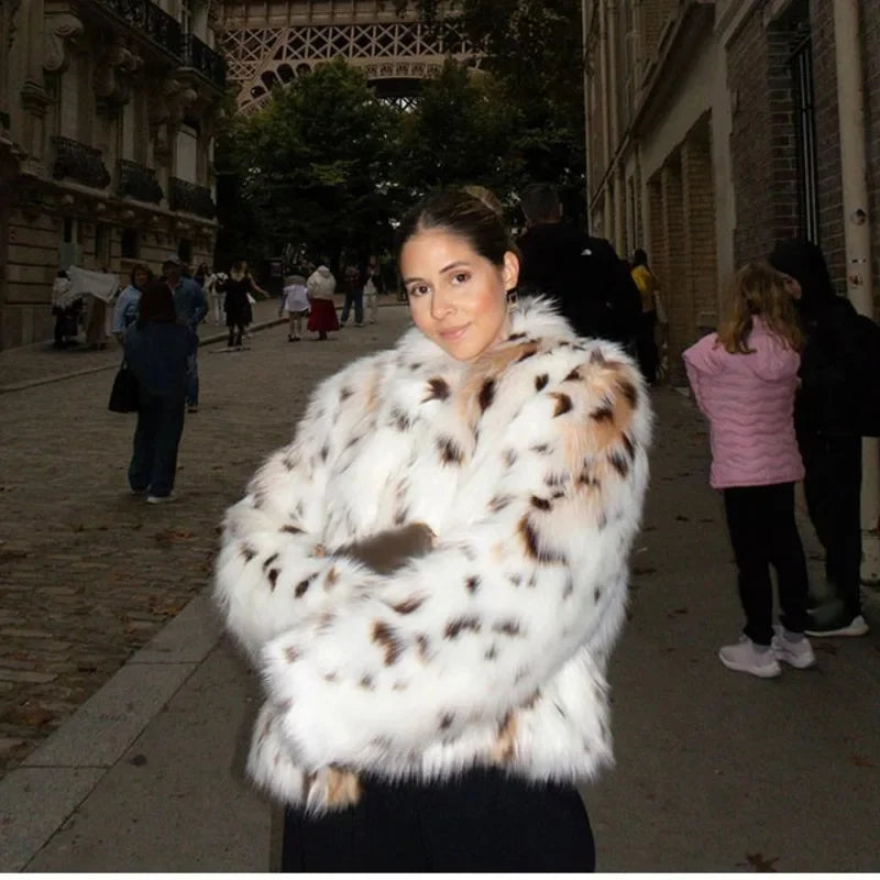 maoxiangshop - Dot Leopard Contrast Stand Collar Faux Fur Coat Women Warm Commute Long Sleeve Fluffy Plush Jacket Autumn High Street Outerwear