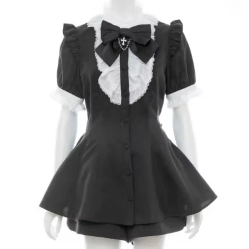 maoxiangshop - Japanese Style Gothic Y2k Lolita Plaid Rhinestone Bow Dress Shorts Set Sweet Women Puff Short Sleeve Button Shirt Party Dresses