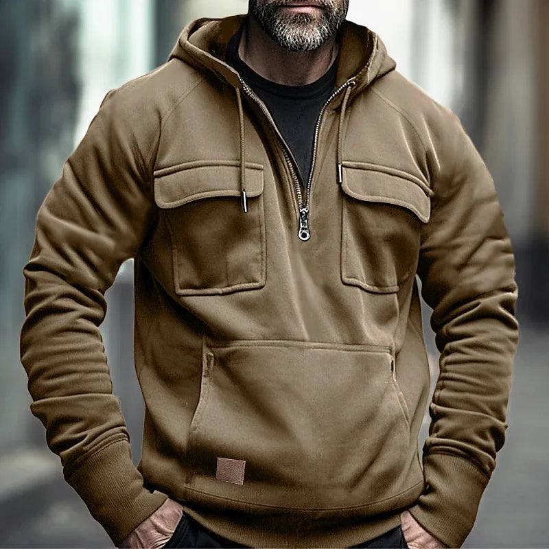 maoxiangshop Half Zipper Men's Hoodies Solid Warm Fleece Sweatshirts Multi Pockets Male Hooded Jackets Thick Outdoor Polar