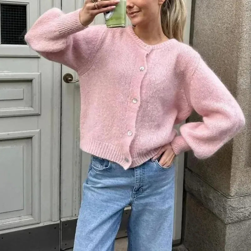 maoxiangshop - Casual Knitted Cardigan Women's Loose Versatile Solid Button Knitted Long Sleeve Sweater Autumn Office Warm Jacket Top