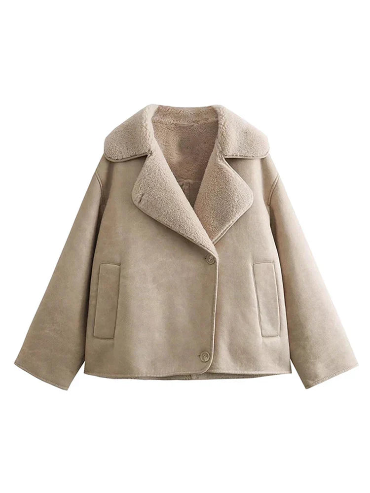 maoxiangshop - Thick Faux Leather Jackets for Women Autumn Winter Warm Jackets Woman 2024 Faux Wool Coats Long Sleeve Oversized Jacket
