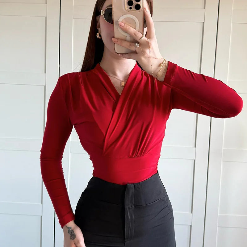 maoxiangshop - Cross-Neck Slim Long Sleeve Crop Top For Women Elegant Ruched Solid T shirt Autumn Fashion Versatile Female Pullovers