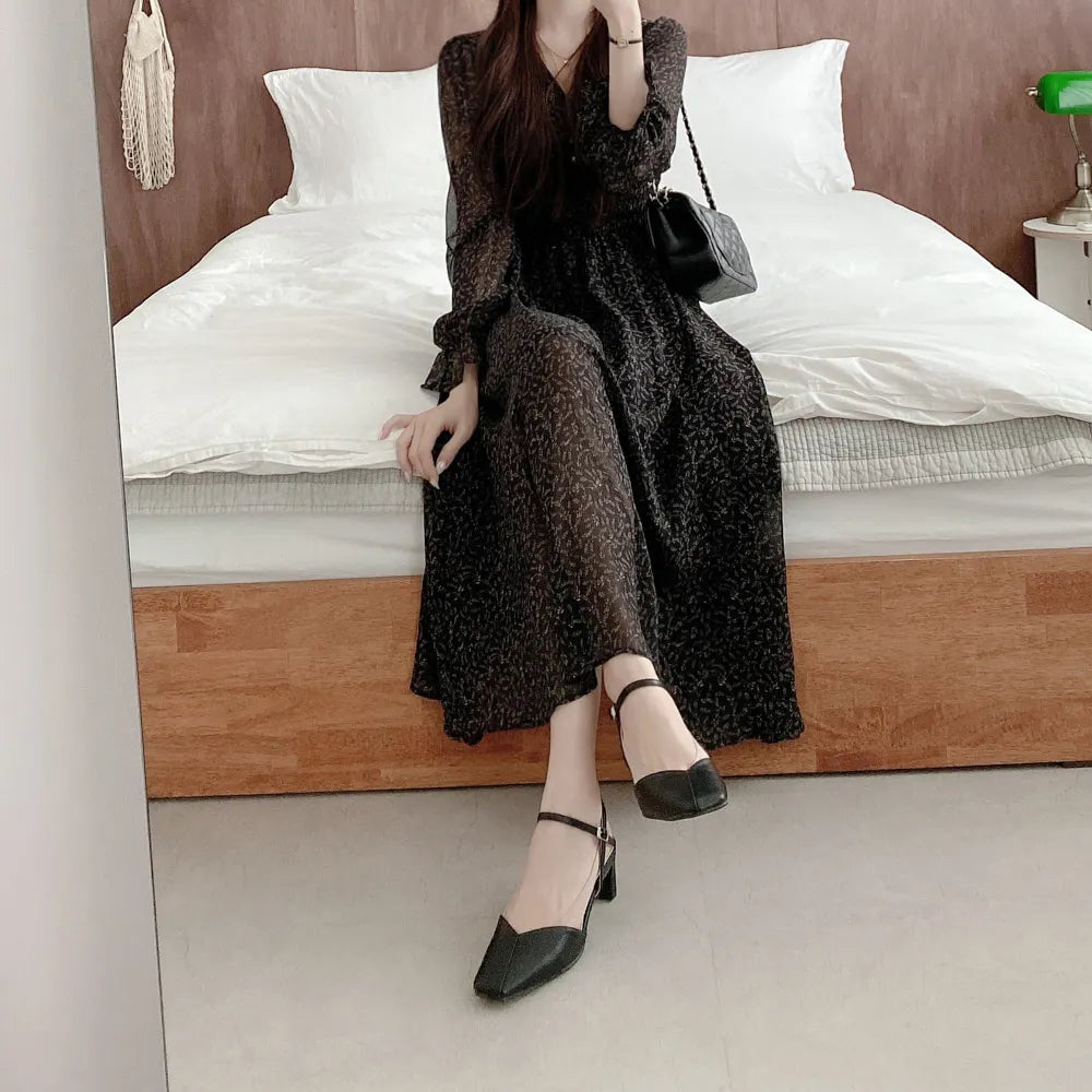 maoxiangshop Korean Floral Print Midi Dresses for Women Summer New Pleated Slim Waist V-neck Long Sleeves Chiffon Sweet Female Clothing