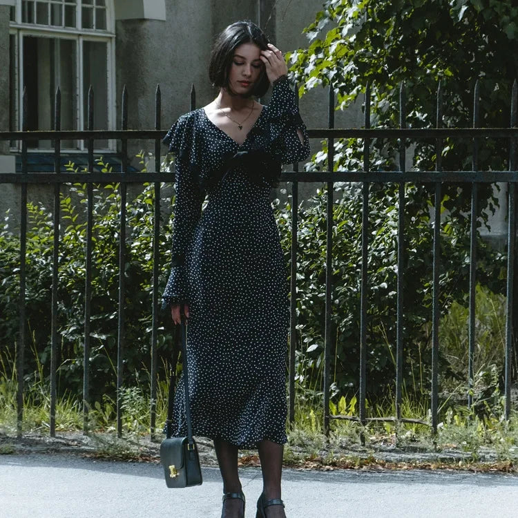 maoxiangshop - Women Ruffles A-line Long Vintage Dress Autumn New Women Elegant Long Dress Female Lace Polo Long Sleeve Slim Dot Dresses