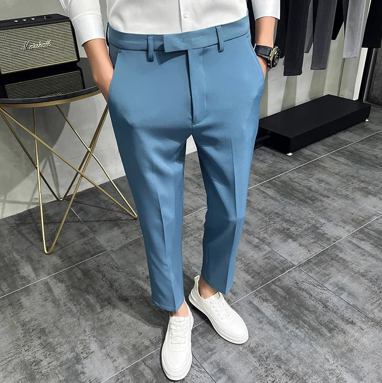 maoxiangshop 2024 Summer Fashion Mens Dark Green Suit Pants Pure Color Business Occupation Slim Fit Dress Office Ankle Trousers