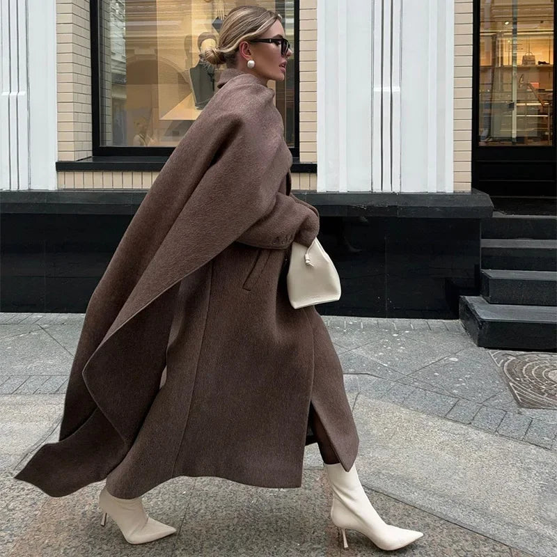 maoxiangshop - Brown Woolen Women Coats With Scarf Loose Full Sleeve Double Breasted Long Overcoat 2024 Autumn Lady High Street Outwear