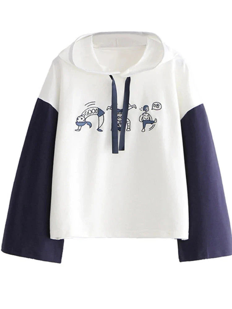 maoxiangshop Harakuju Graphic Casual Cotton Hooded Sweatshirt For Women Summer Patchwork Hoodies Female Drawstring Pullover Top