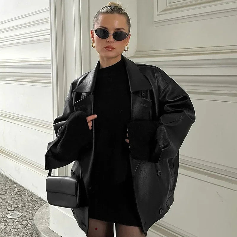 maoxiangshop - Elegant Leather Double Breasted Women Jackets Solid Brown Lapel Long Sleeves Coat Female 2024 Autumn Winter Street Outwears Lady