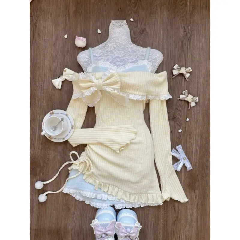 maoxiangshop - Autumn Sexy Hot Girl Off Shoulder Long Sleeve Lace Bow Strap Fake Two Piece Knitted Dress Slimming Wrap Hip Mini Dress for Women