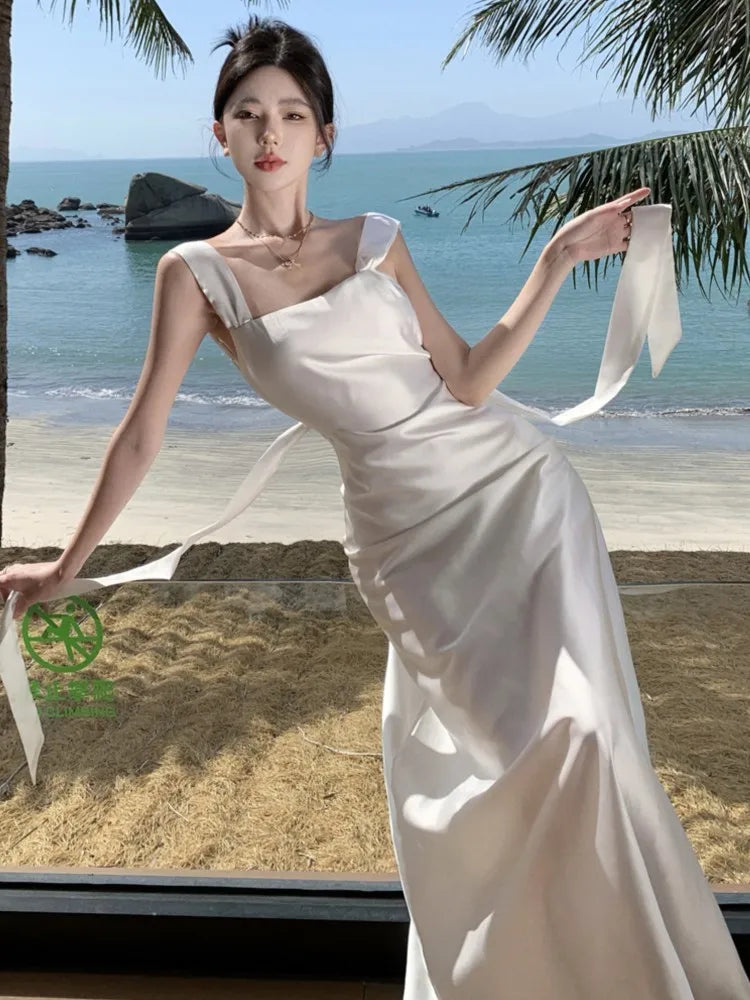 maoxiangshop - Sexy Backless Maxi Dress Women Camisole Lace Up Satin Vestidos Holiday Birthday Party Evening Gown Female Dresses Spring Autumn