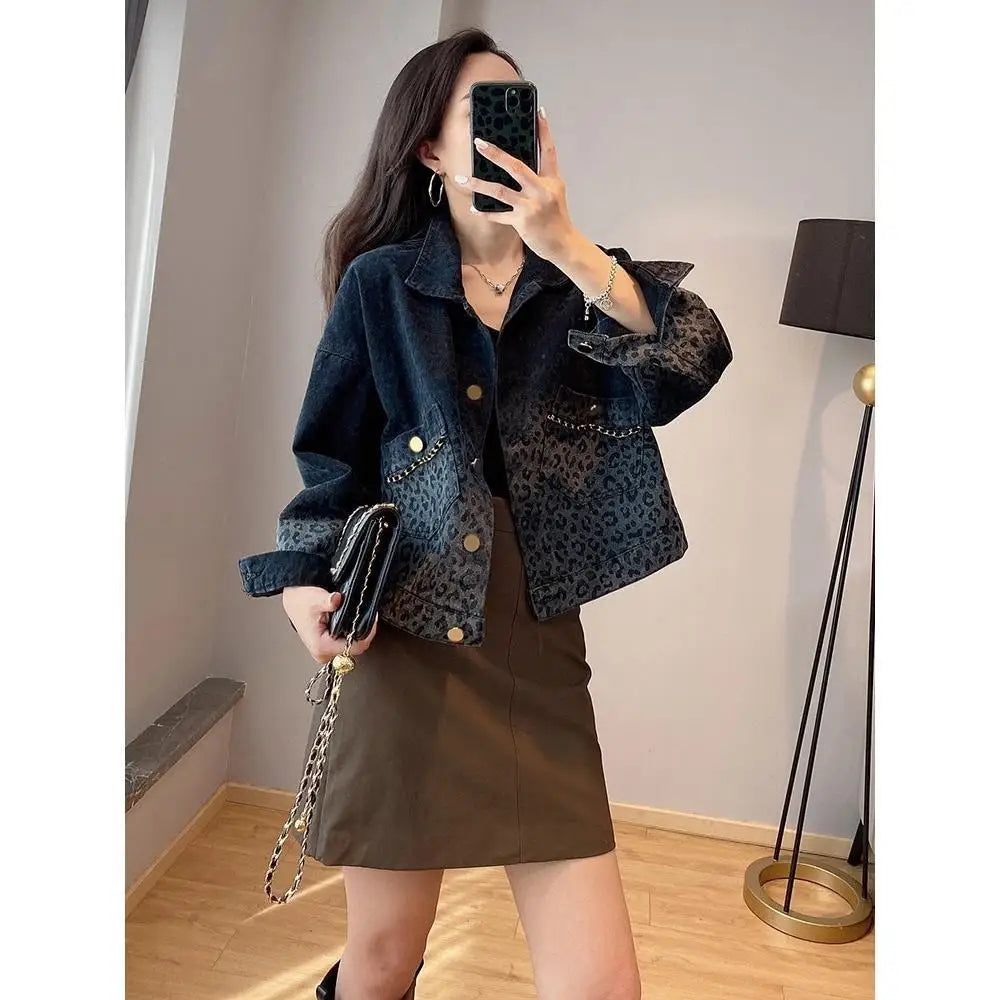 Jackets Women Spring Autumn Denim Jacket Blue Black Jean Jacket Streetwear Vintage Leopard Short Tops Korean Loose Cowboy Jacket