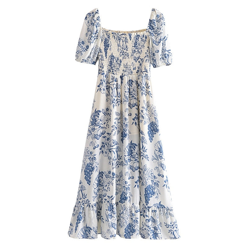maoxiangshop New Summer Women Vintage Fruit Floral Print Square Neck Puff Sleeves Elastic Sexy Side Slit Long Midi Dress