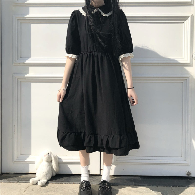 maoxiangshop Dress Women Lace Cute Summer Simple Solid Leisure Korean Style Sweet Ladies Fashion Sundress All-match Preppy Comfortable Loose