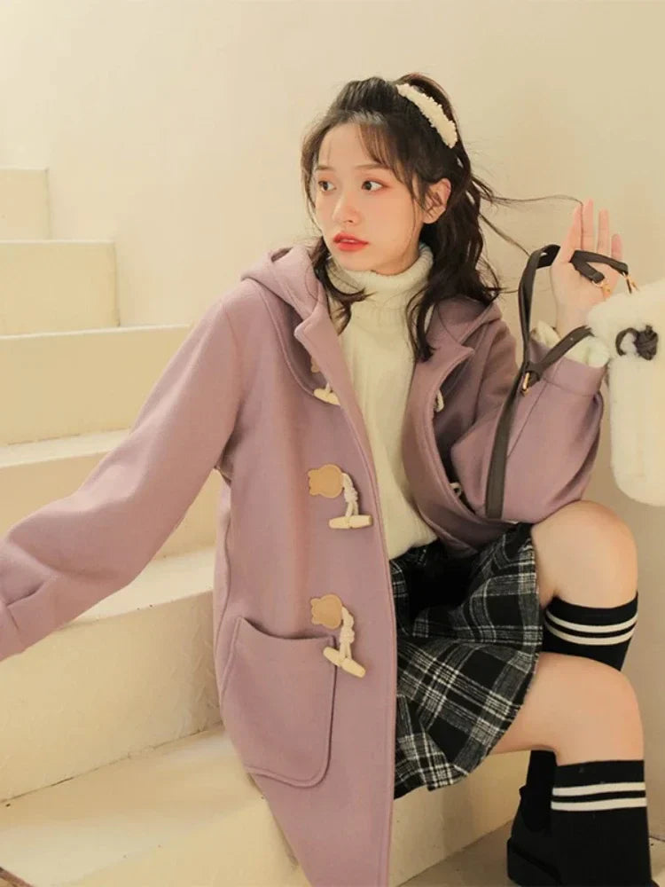 Purple Solid Warm Wool Blends Long Hooded Coat Straight Women Horn Button Casual Female Warmness Outwear