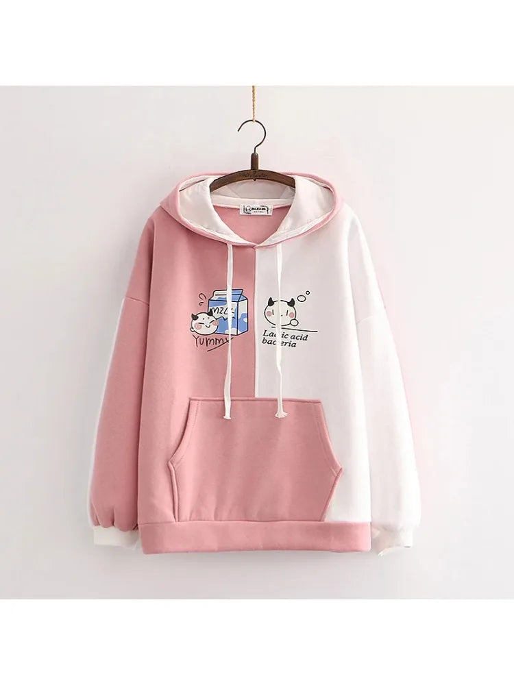 maoxiangshop fleece plus velvet women hoodies and sweatshirt cartoon cat print patchwork cute hooded pullover for sweet style Tracksuits